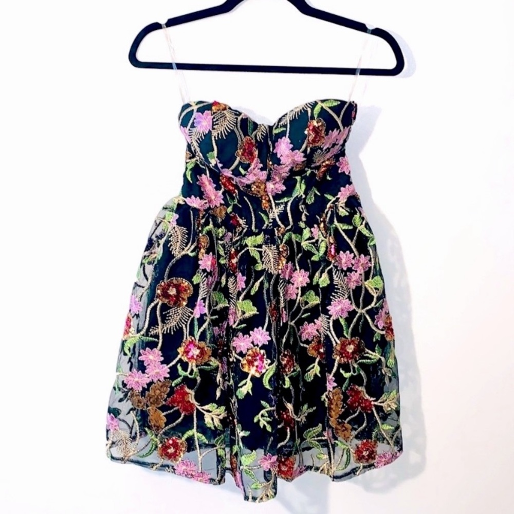 Fashion Nova Strapless Floral Dress - Black and Multicolor Small